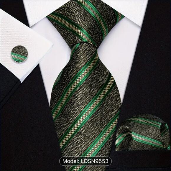 Men’s Silk Coordinated Tie Set - Lime Green and Green Gold Black Stripe - Picture 1 of 3